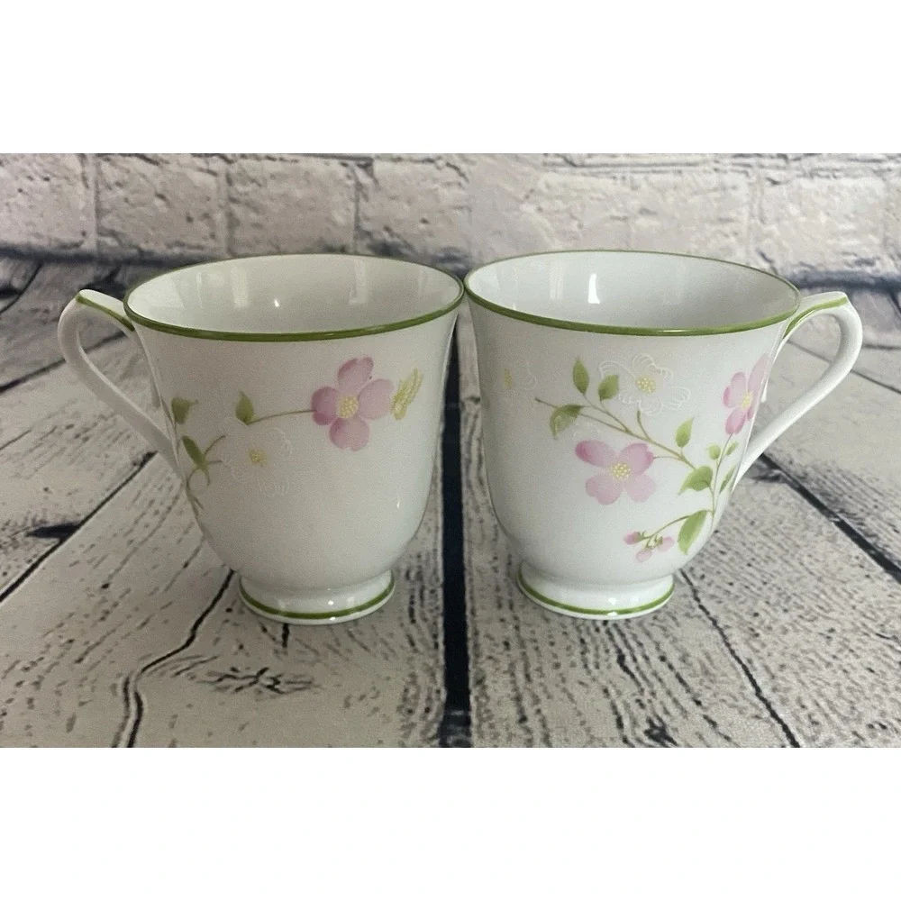 Noritake First Blush Tea Cup Saucer Set Of 4Pink & White Flower Green Trim #2605